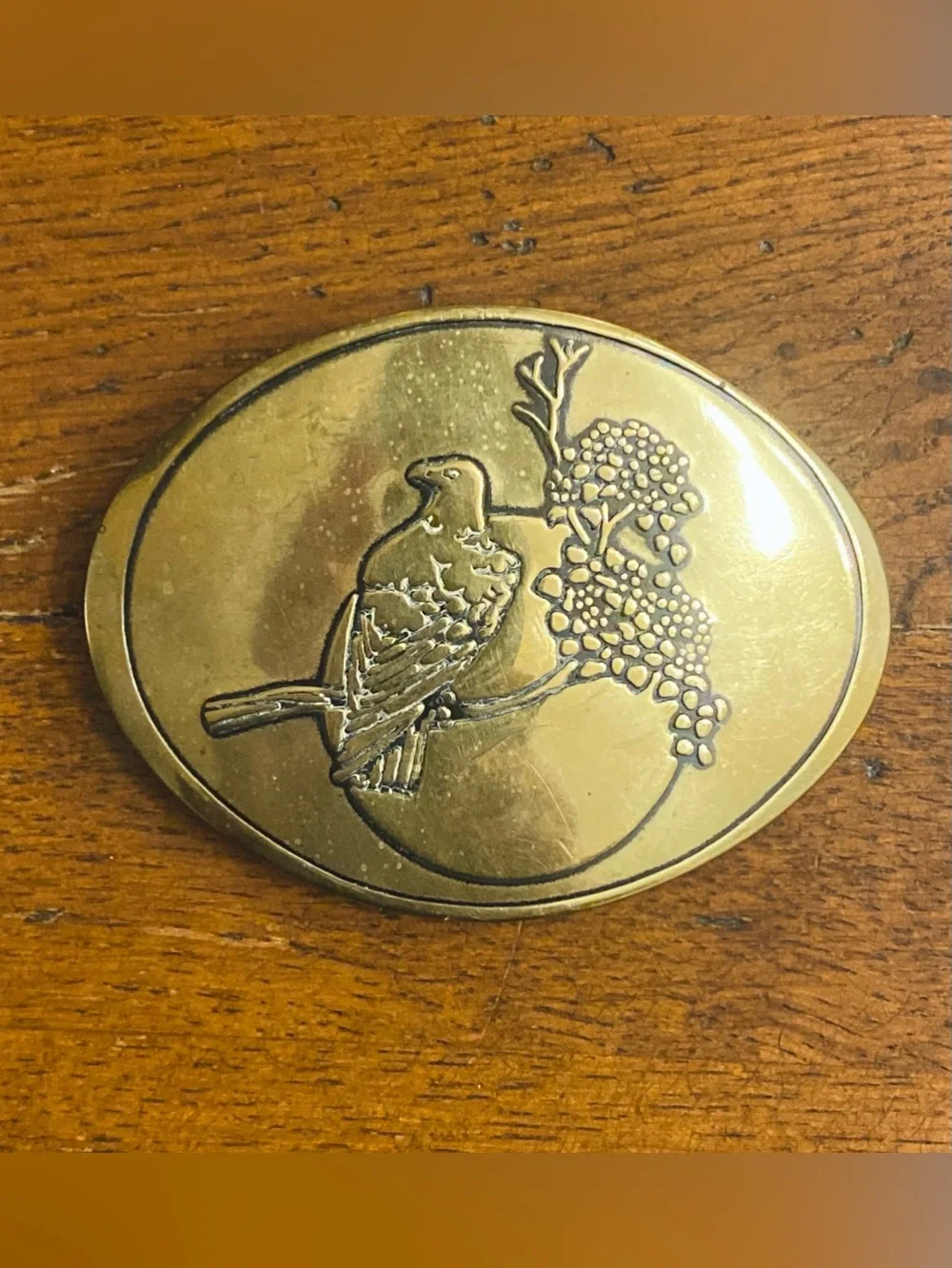 Vtg 1970s Solid Brass Etched Eagle Sunset Branch Belt Buckle